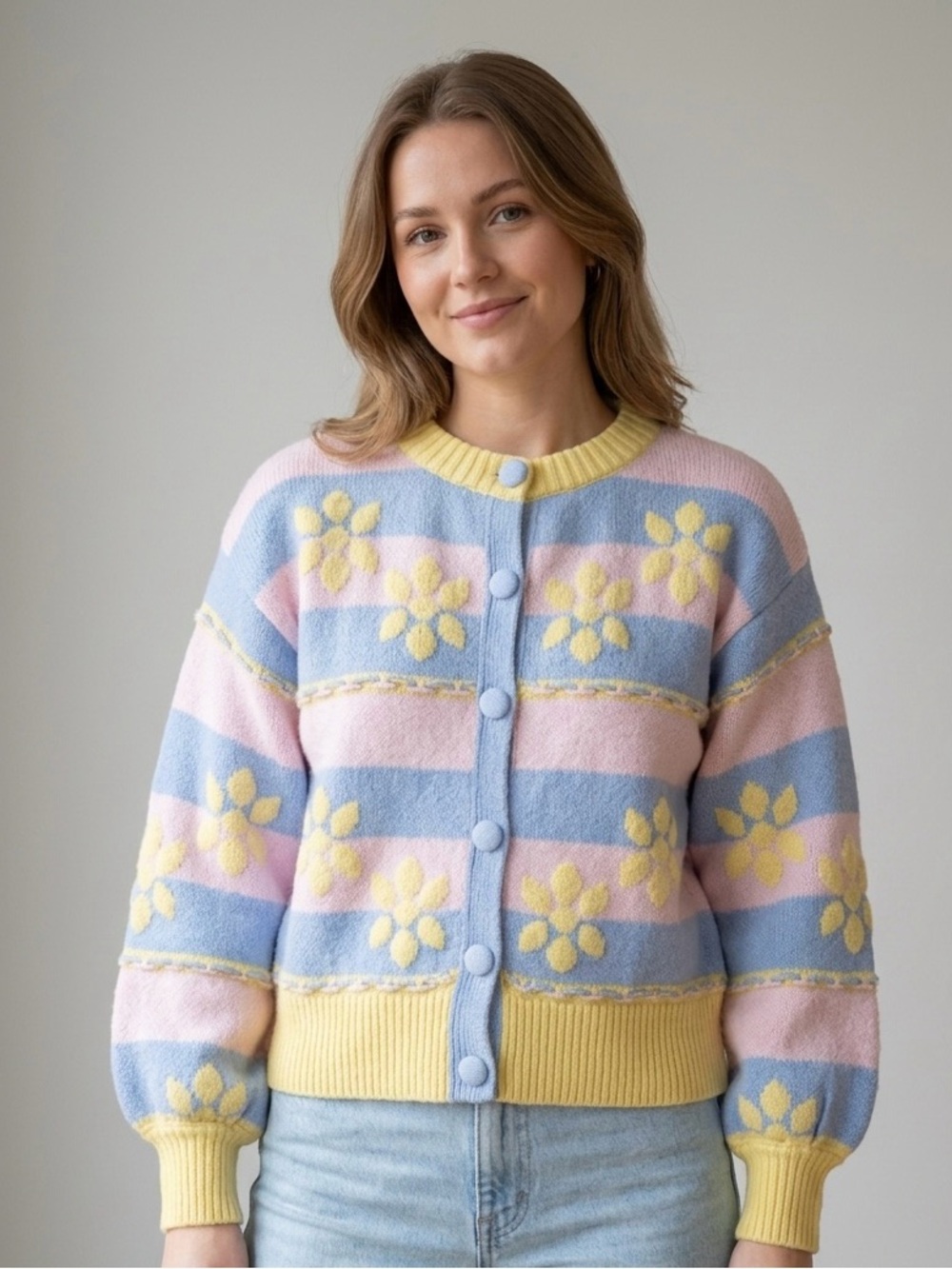 Zara Pastel Blue, Pink & Yellow Floral Stripe Cardigan